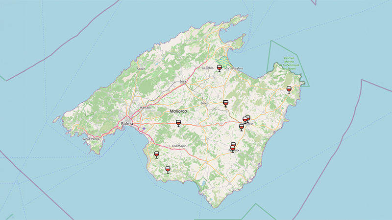 Mapa de agroturismo de Mallorca con presencia de la DO Pla i Llevant